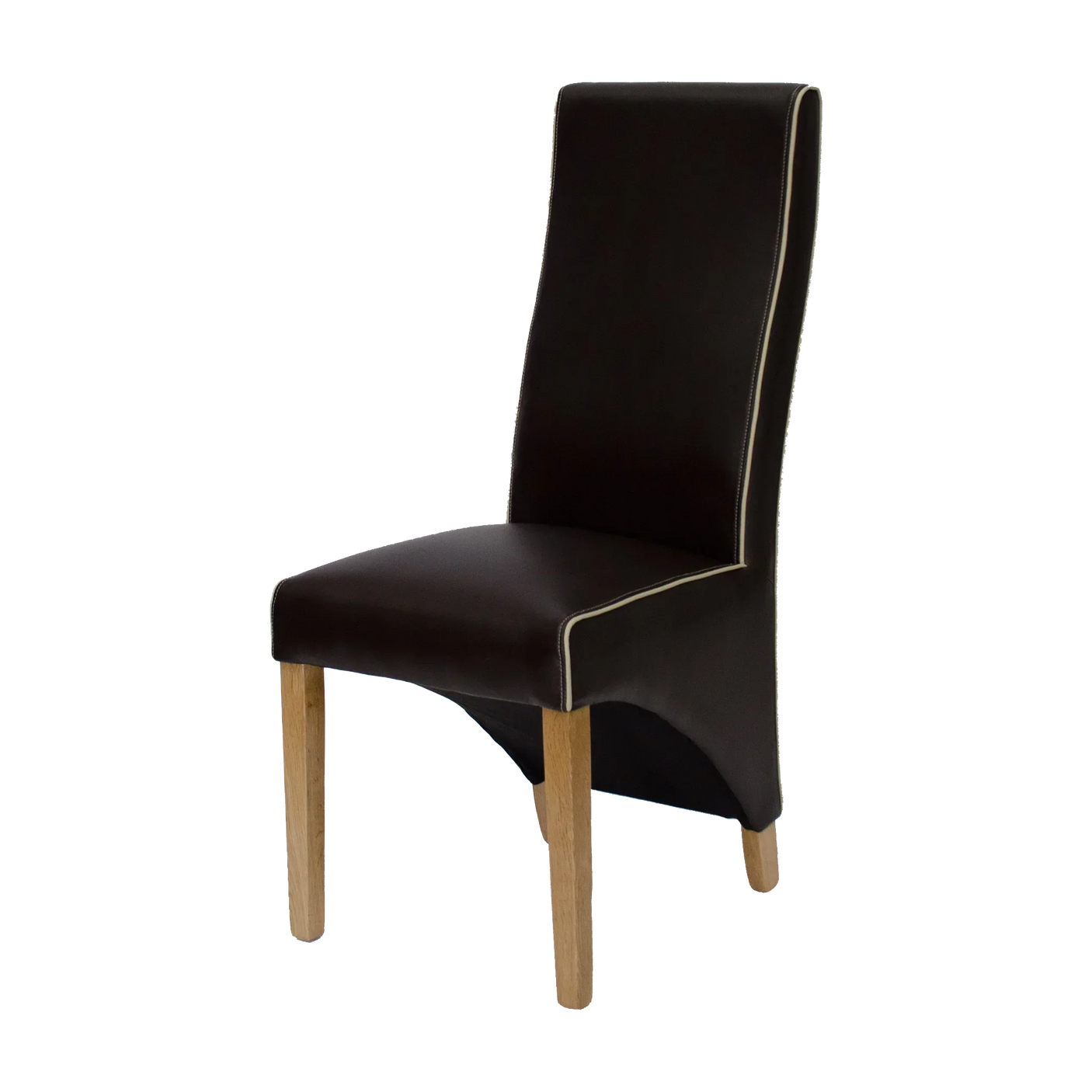 Brown leather dining chair with oak legs and white piping detail, side angle view