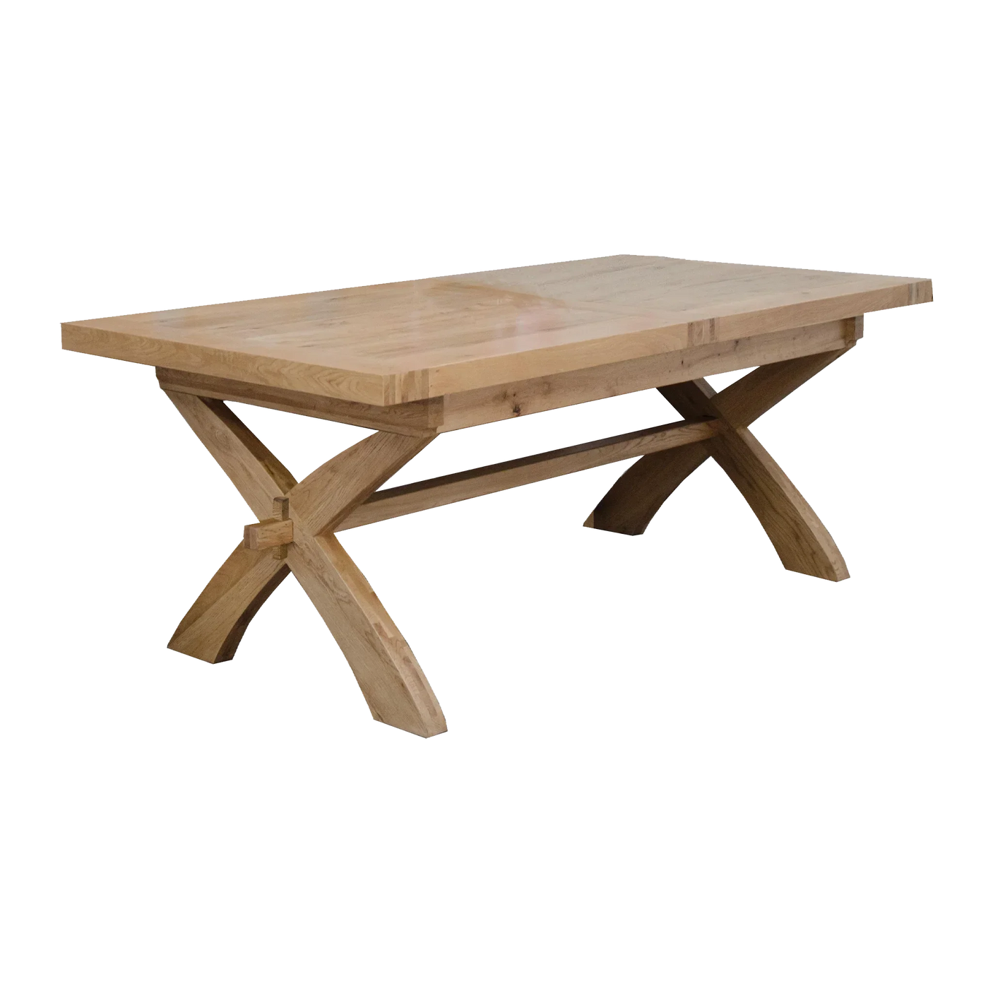 Oak dining table with cross legs and a thick rectangular wooden tabletop