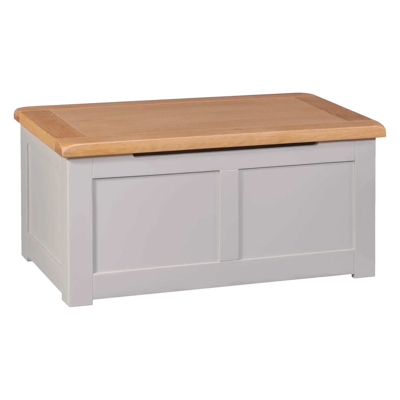 Grey wooden blanket box with light oak lid and panelled sides