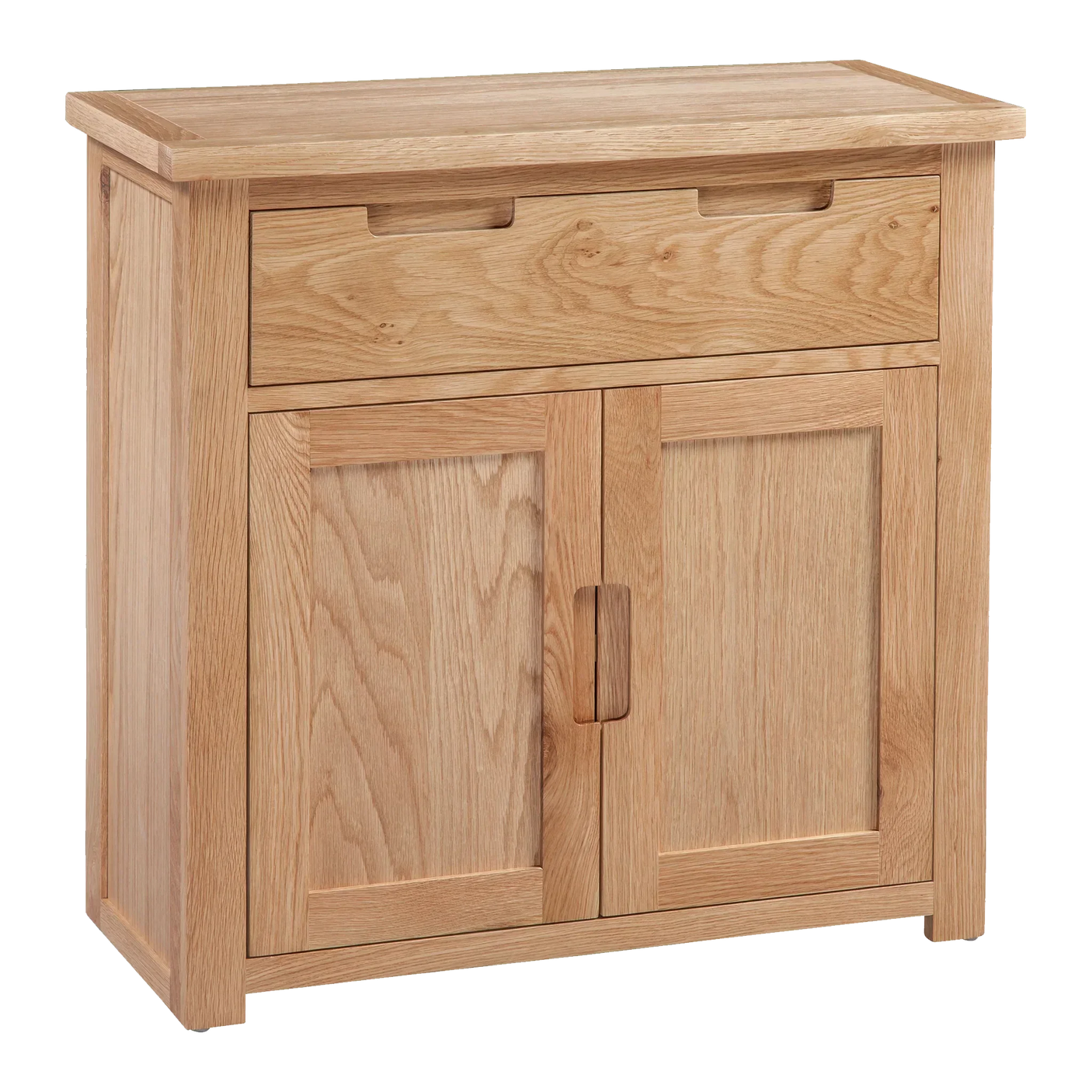 Light oak sideboard cabinet with single drawer and two doors, natural wood finish