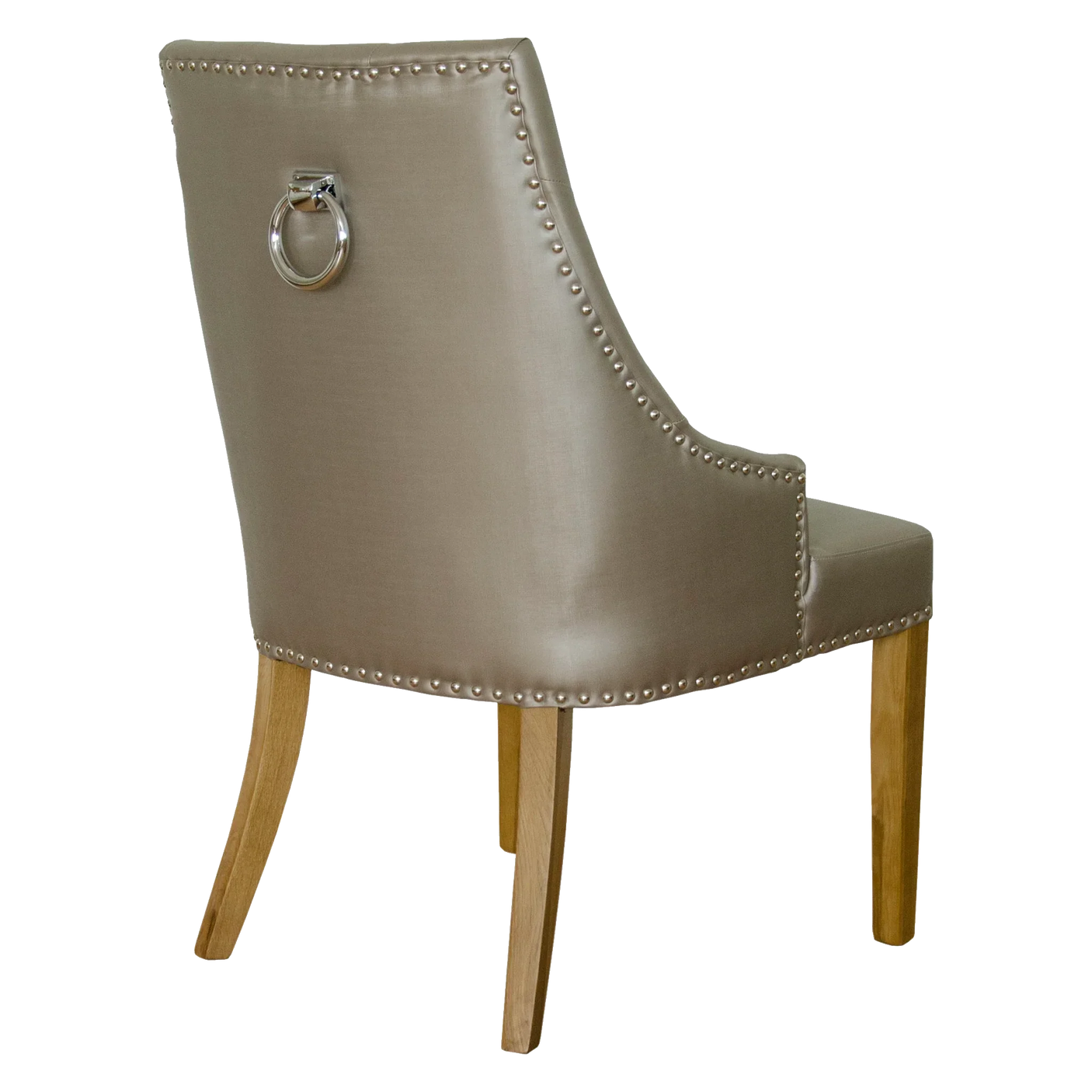 Taupe faux leather dining chair with metal ring handle and stud detailing, oak wood legs