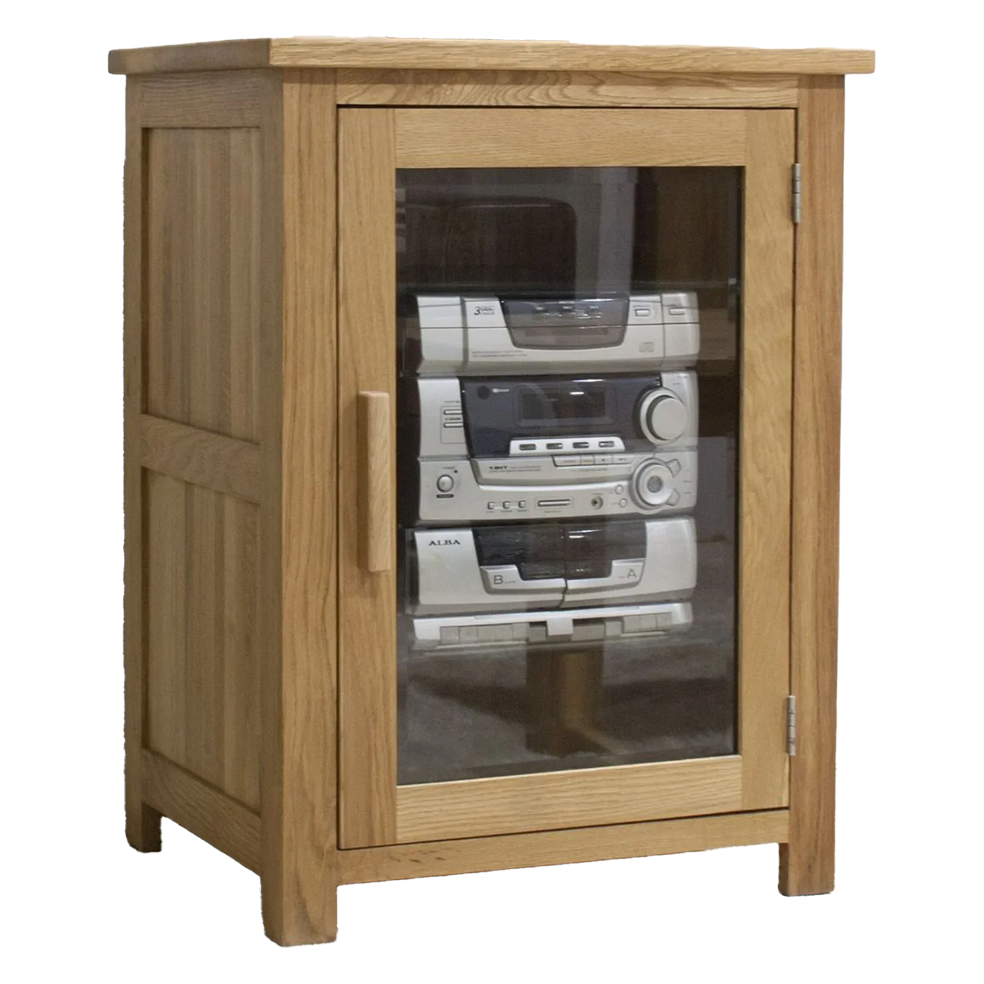 Oak media cabinet with glass door displaying audio equipment