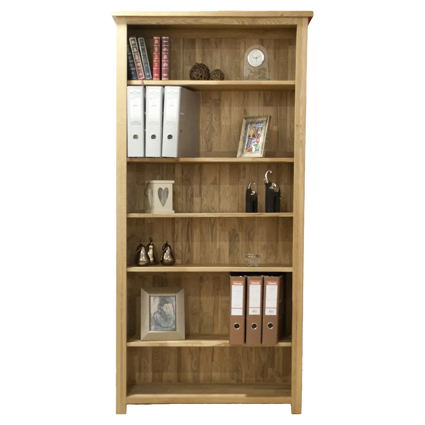 Tall wooden bookcase with shelves holding folders, books, a clock, and decorative items