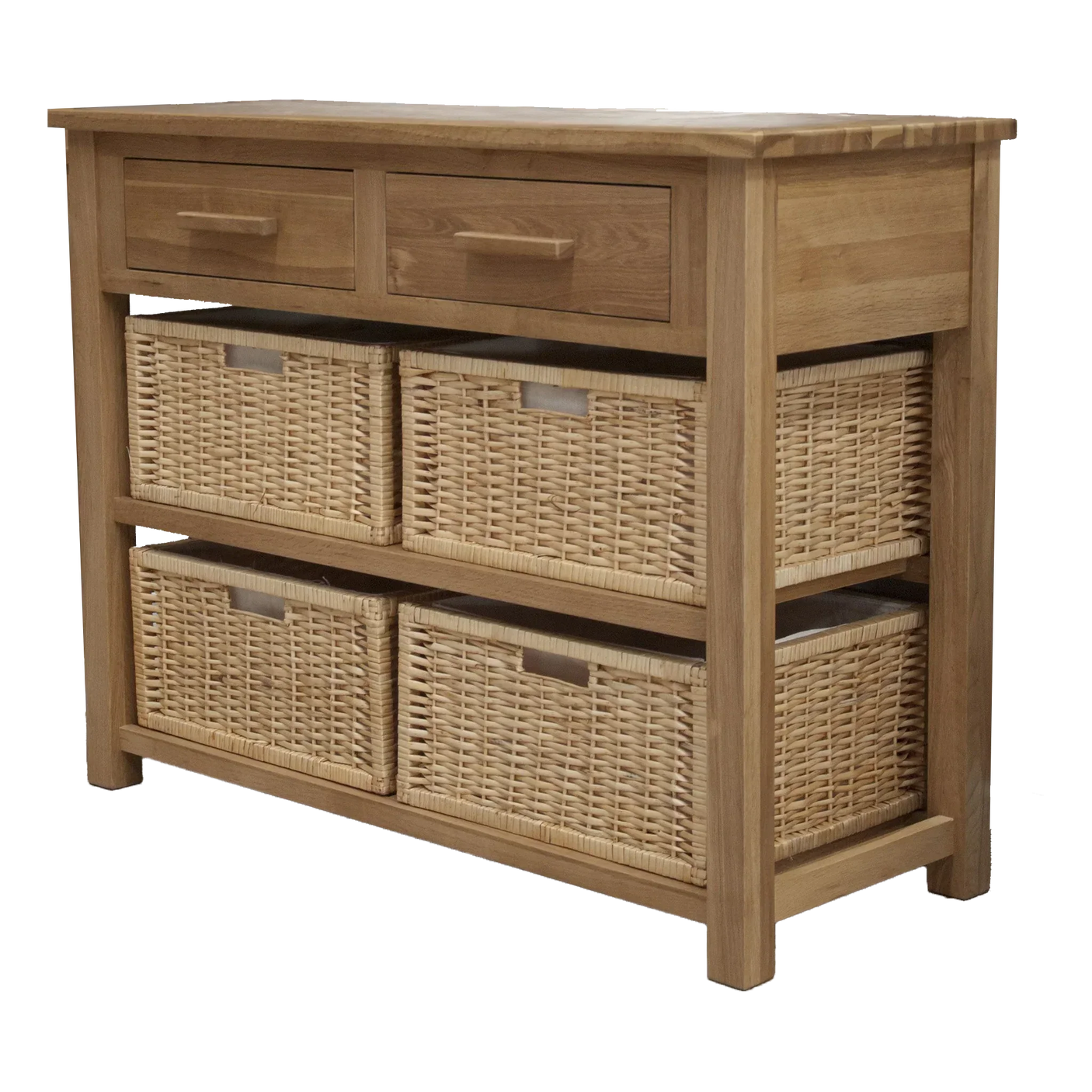 Oak console table with two drawers and four wicker baskets for storage