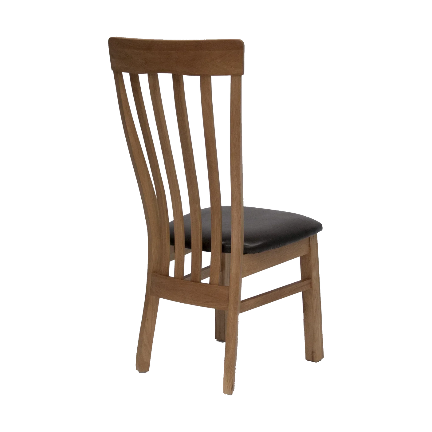 Oak dining chair with slatted backrest and black cushioned seat, rear side view