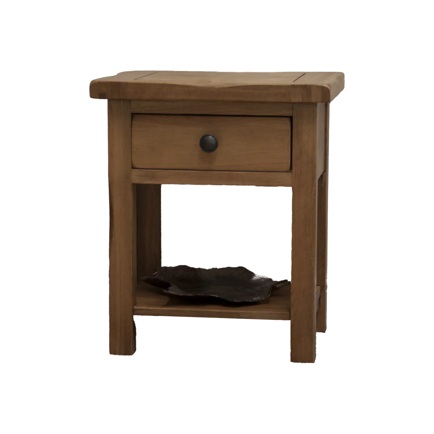 Oak bedside table with single drawer and lower shelf, metal knob handle, decorative tray