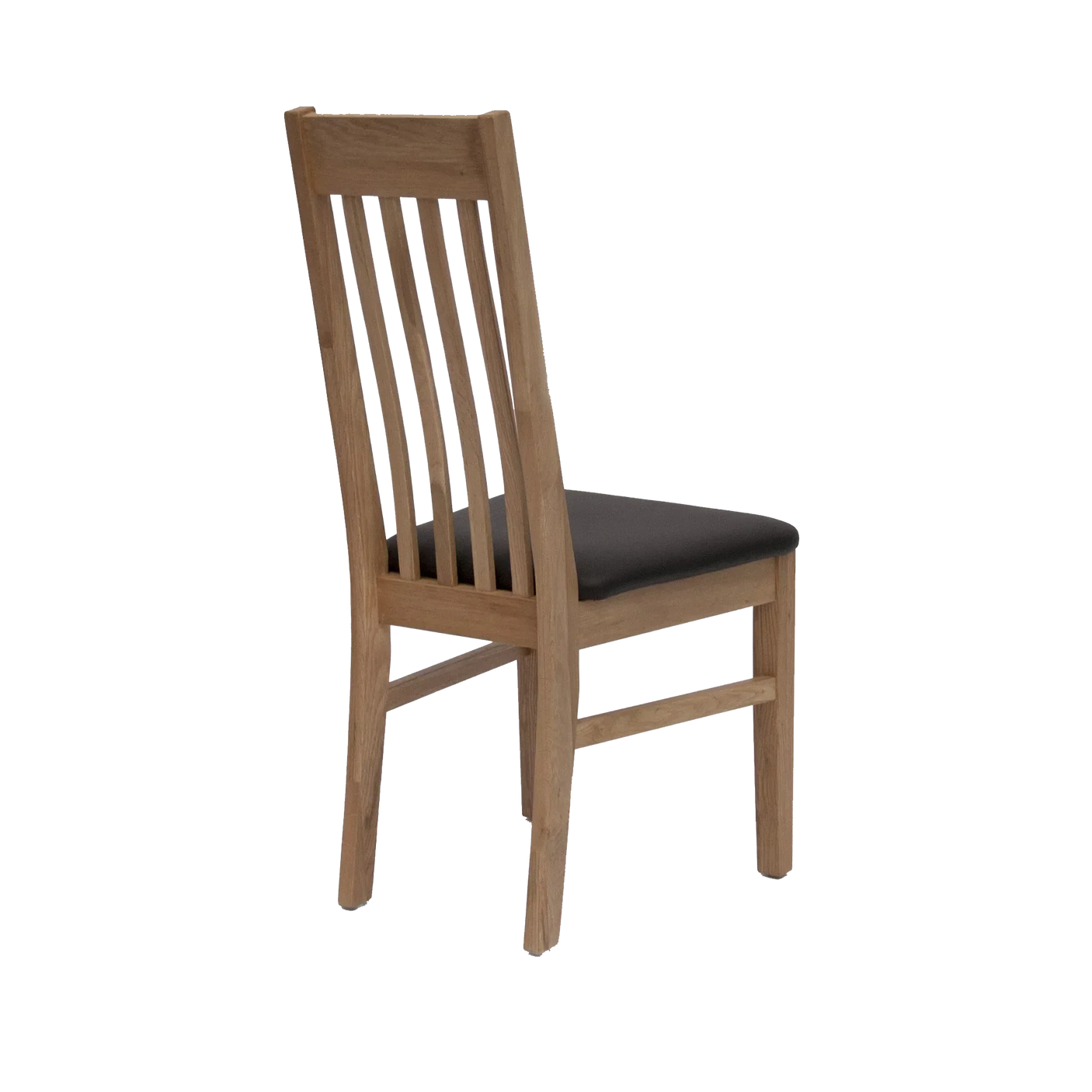 Oak dining chair with black padded seat and slatted backrest, rear angle view