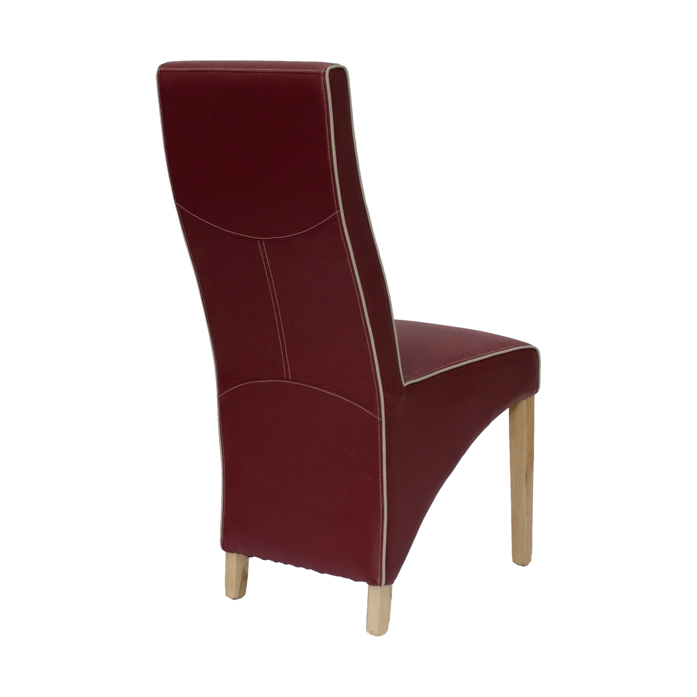 Burgundy dining chair with light wooden legs and white trim, side angle view