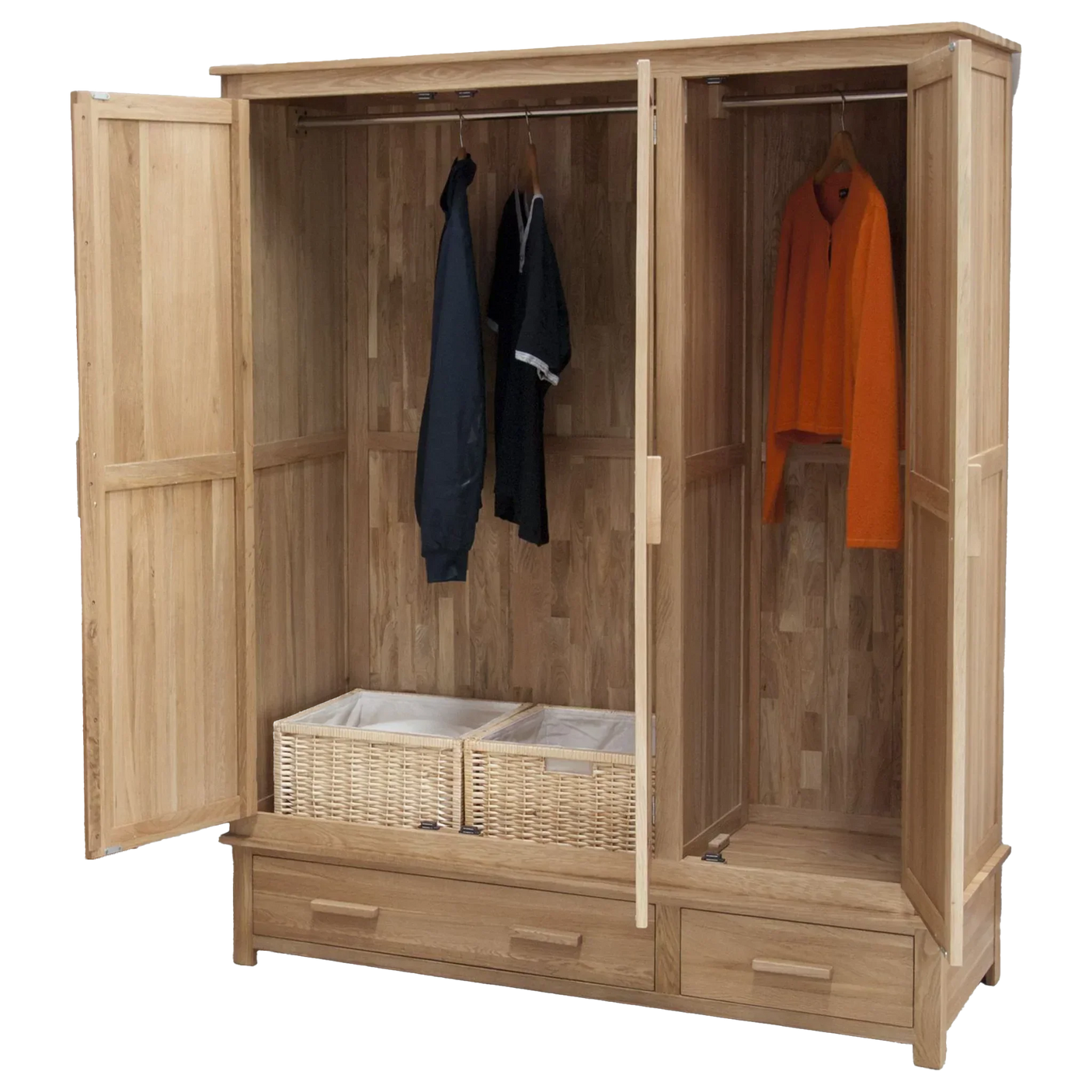 Oak wardrobe with hanging rail, wicker baskets and lower drawers, doors open, clothes inside
