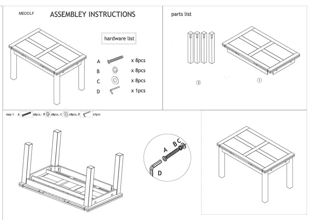 Assembly instructions for wooden dining table with parts list and step-by-step hardware guide