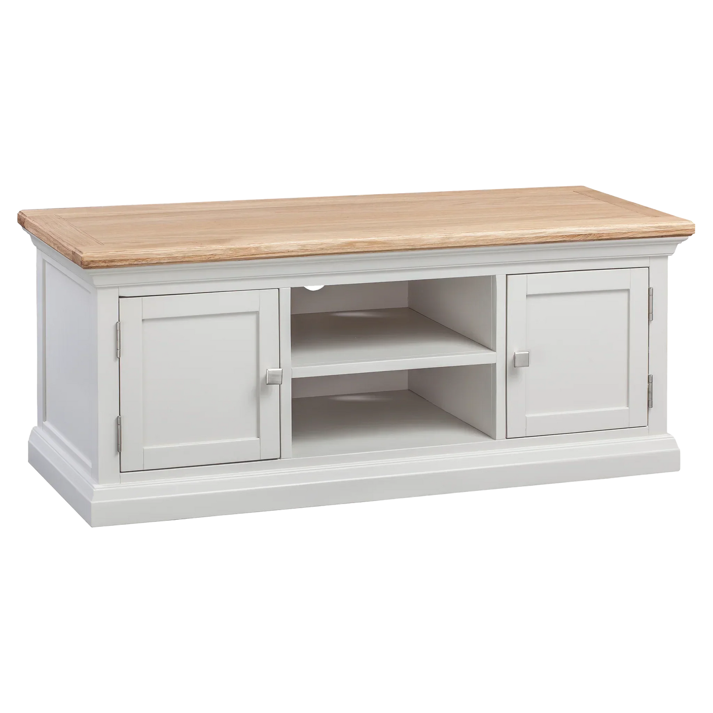 White wooden TV unit with oak top, two cupboards, and open shelves for storage