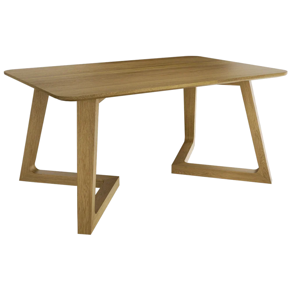 Rectangular oak dining table with angled legs and natural wood finish