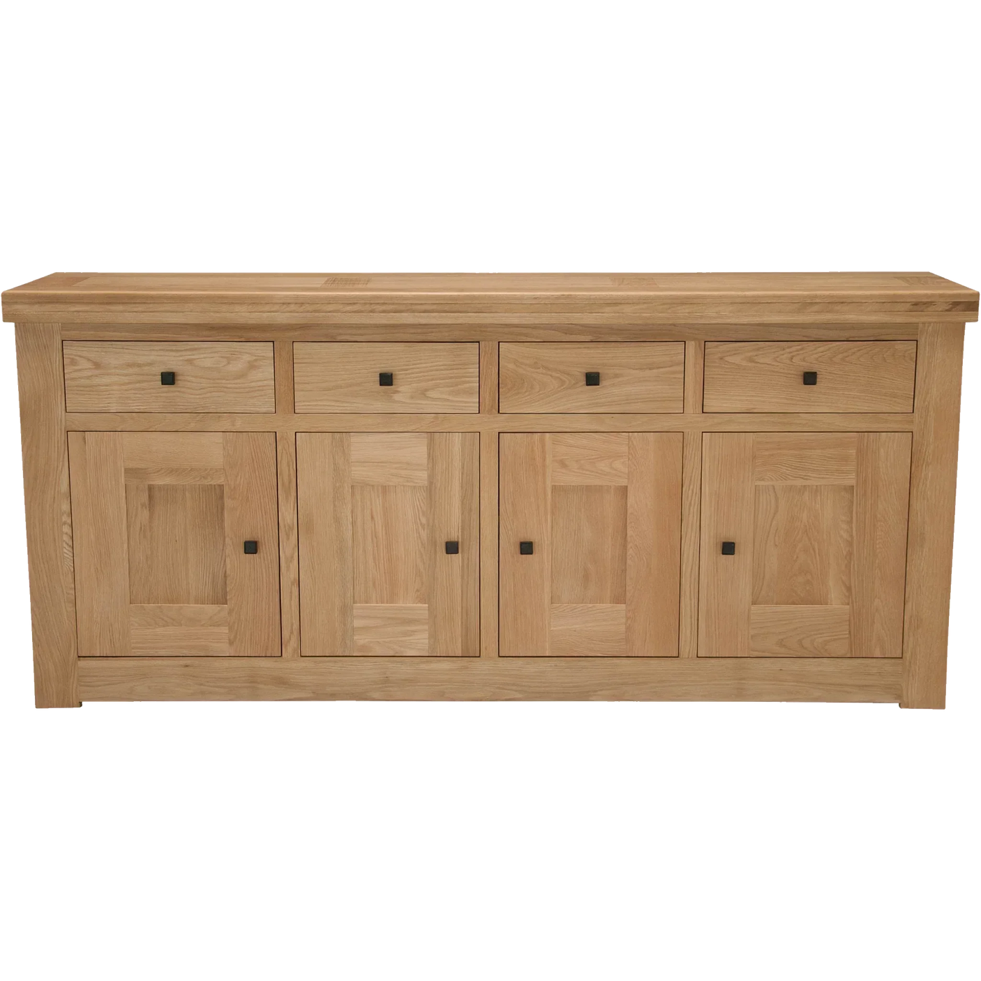 Oak sideboard with four doors, four drawers and square handles, front view