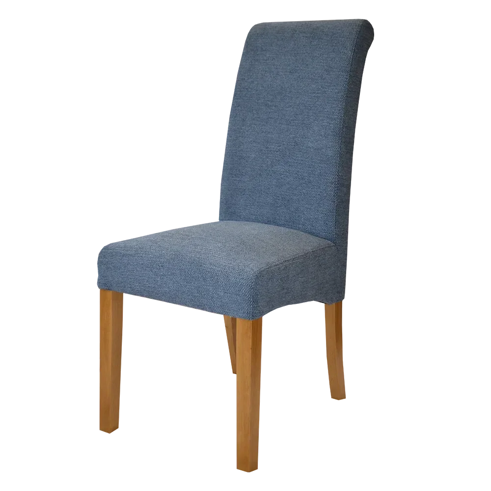 blue fabric dining chair with oak wooden legs side angle