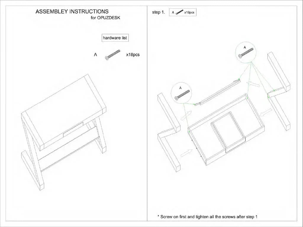 Wooden desk assembly instructions with hardware list and step-by-step construction guide