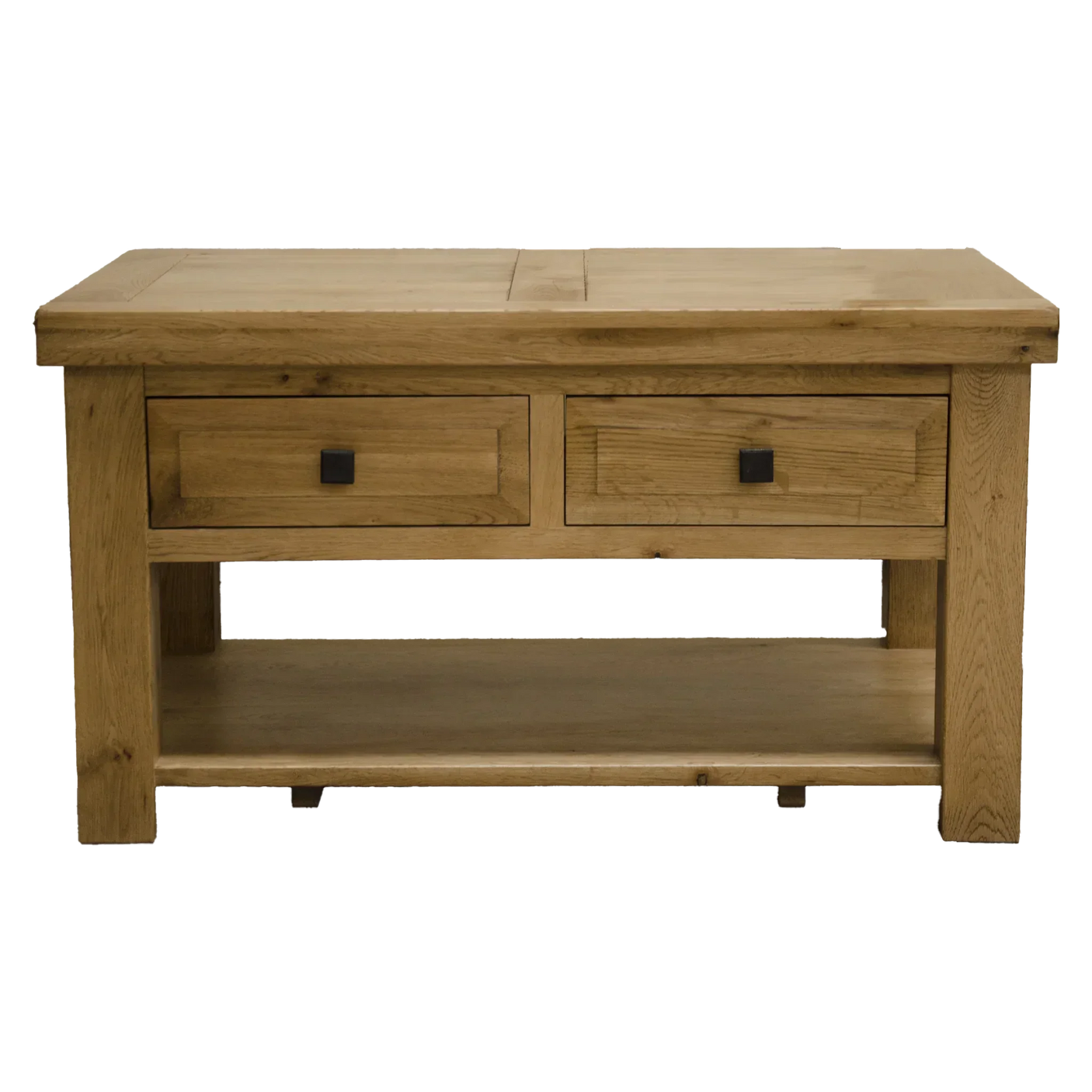 Oak coffee table with two drawers and lower shelf, front view