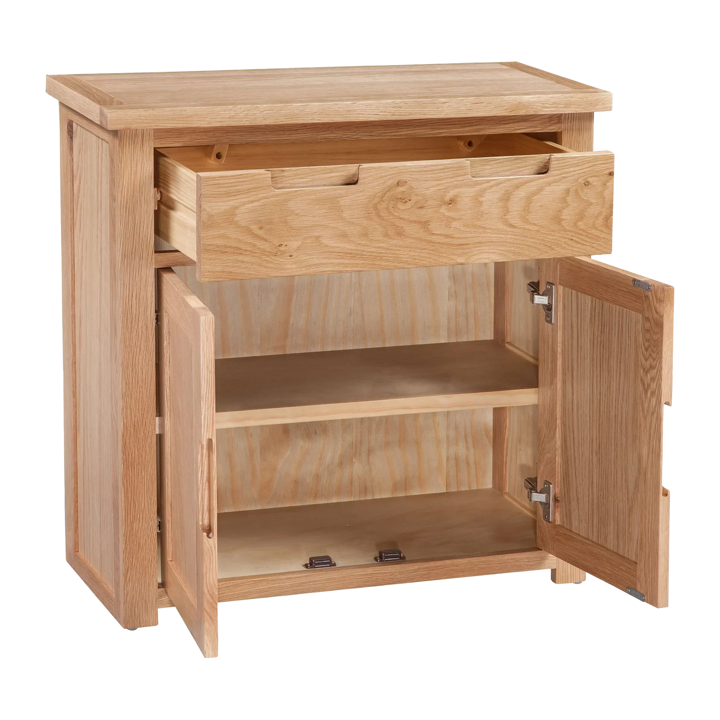 Oak sideboard with open drawer, two cabinet doors and internal shelf