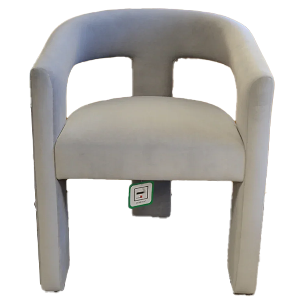 Light grey curved accent chair with upholstered seat and open back, front angle view