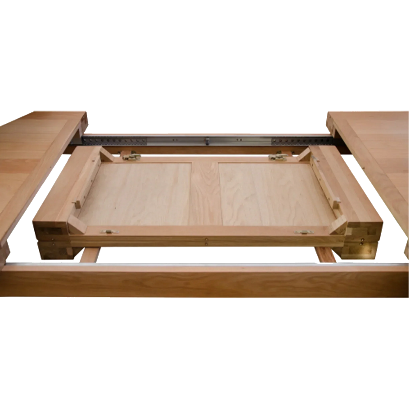 Oak dining table extension mechanism with sliding panels and wooden insert visible