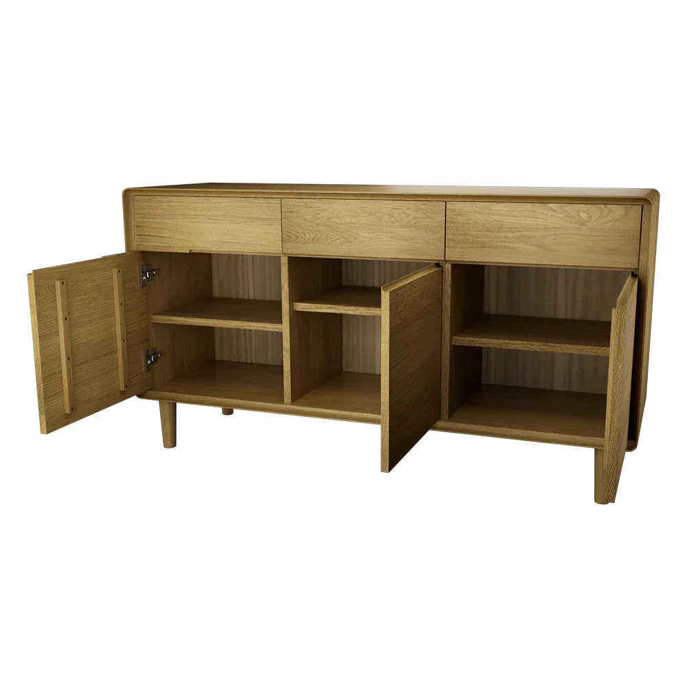 Oak sideboard with open cupboard doors and drawers, showcasing internal storage shelves