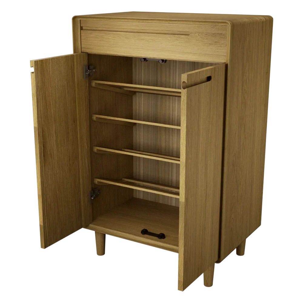 Oak shoe cabinet with four shelves and open double doors, wood grain finish