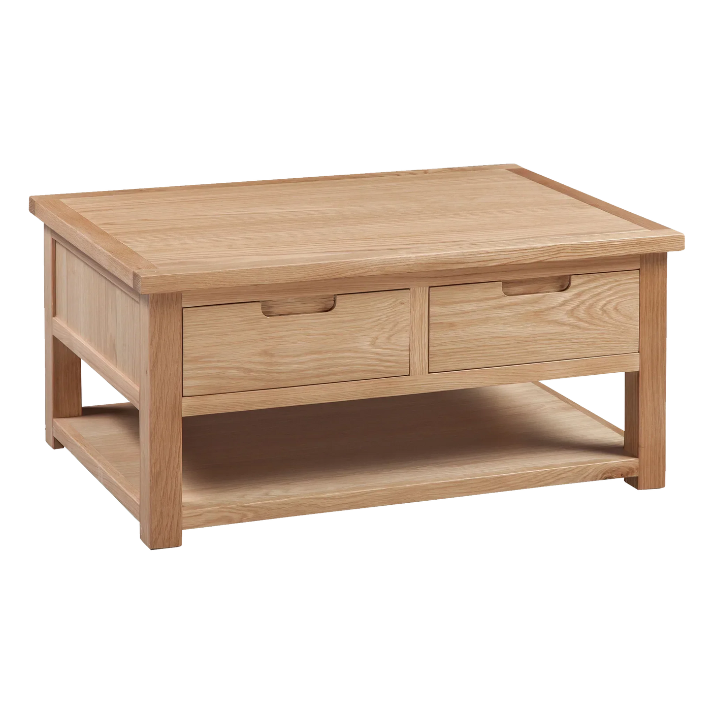 Oak coffee table with two drawers and lower shelf, natural wood finish, angled view