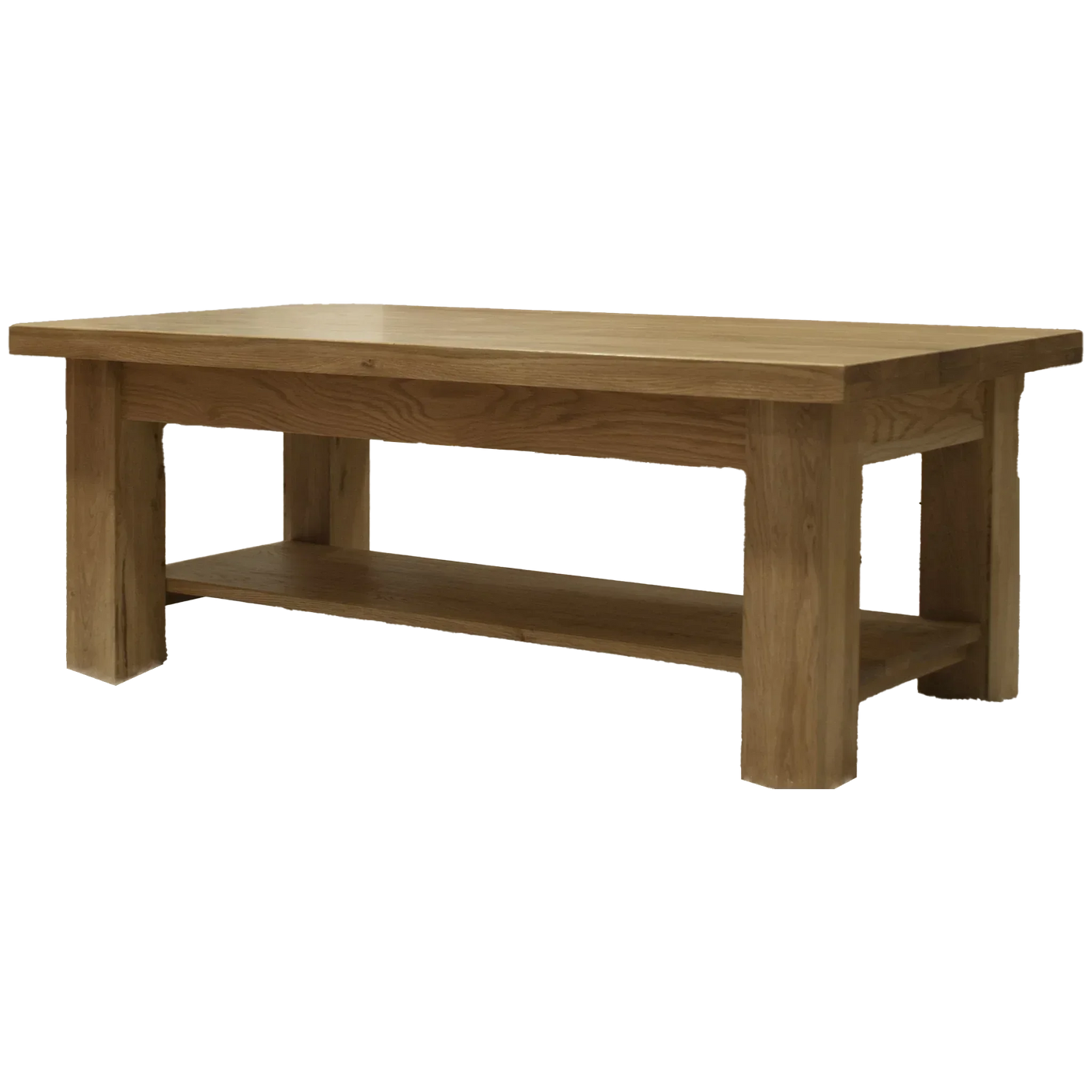 Oak coffee table with lower storage shelf, rectangular shape, natural wood finish