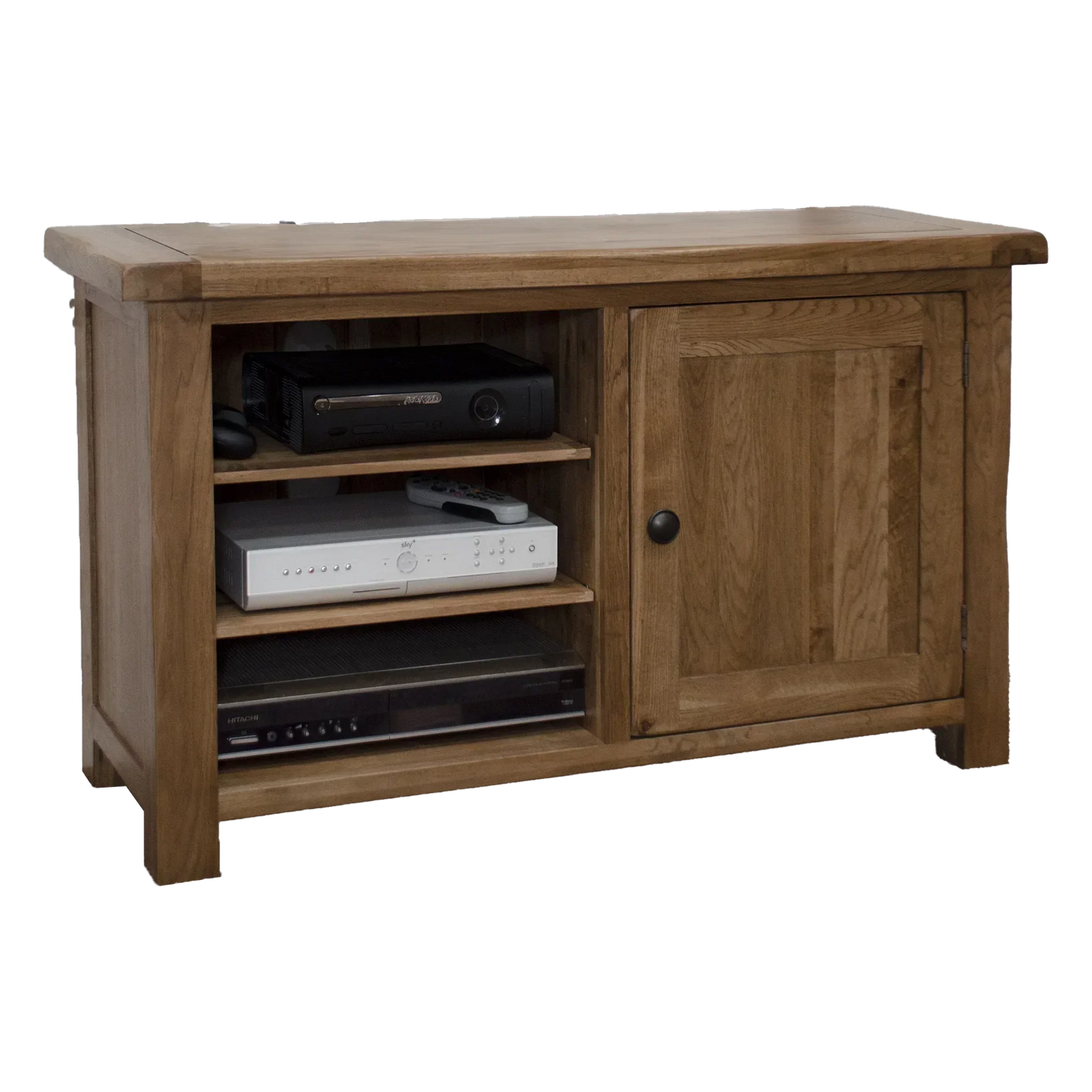 Oak TV unit with three open shelves and one cupboard door, ideal for living room storage