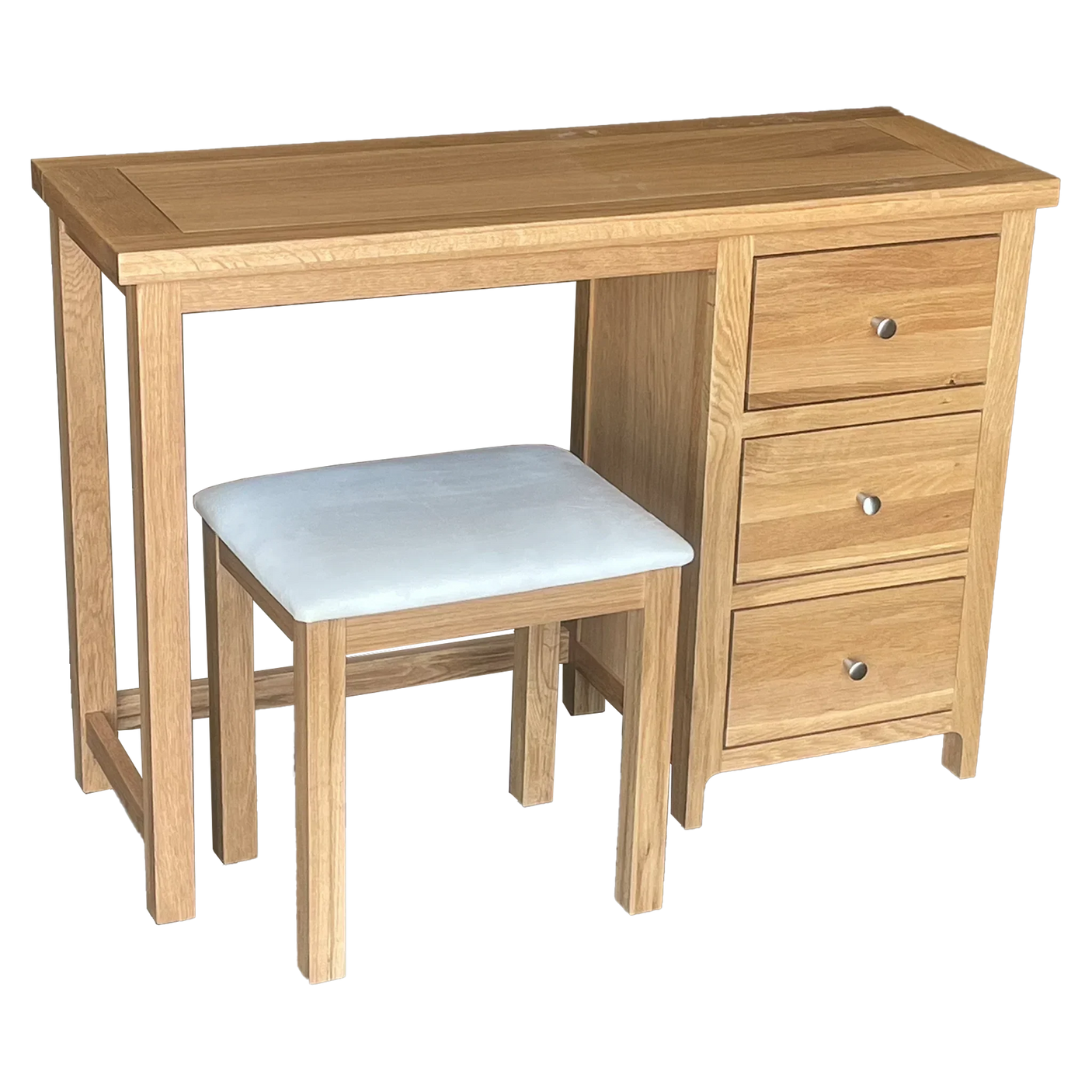 Oak dressing table with three drawers and matching stool with cushioned seat