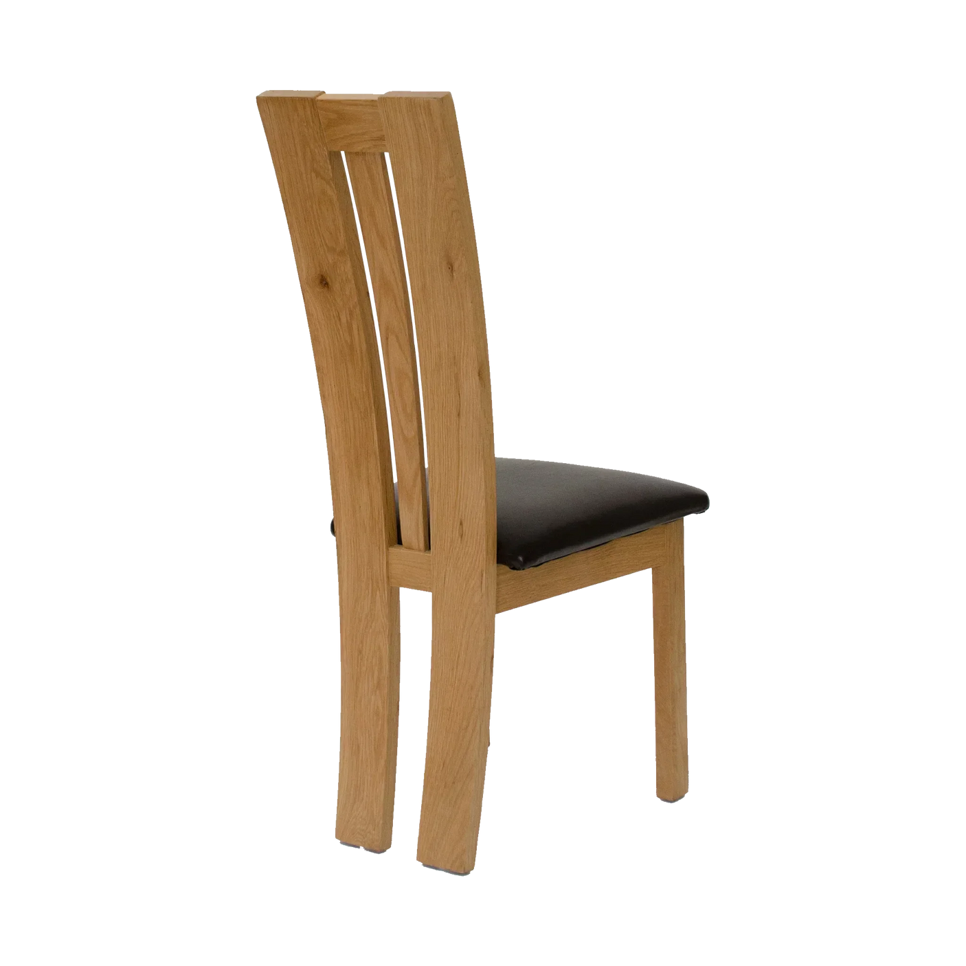 Oak dining chair with slatted back and dark cushioned seat, angled side view