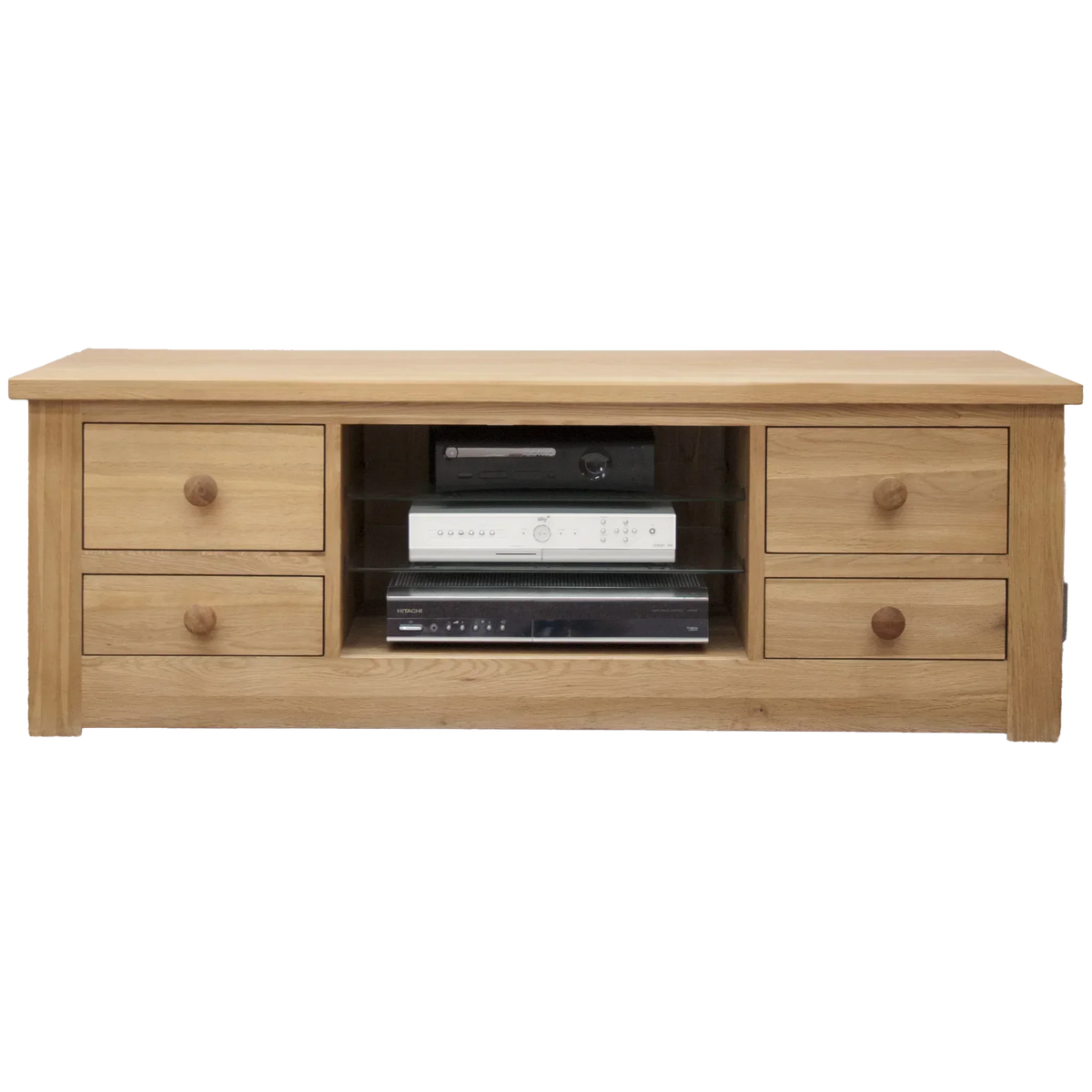 Oak TV unit with four drawers and glass shelves, shown with media devices front view