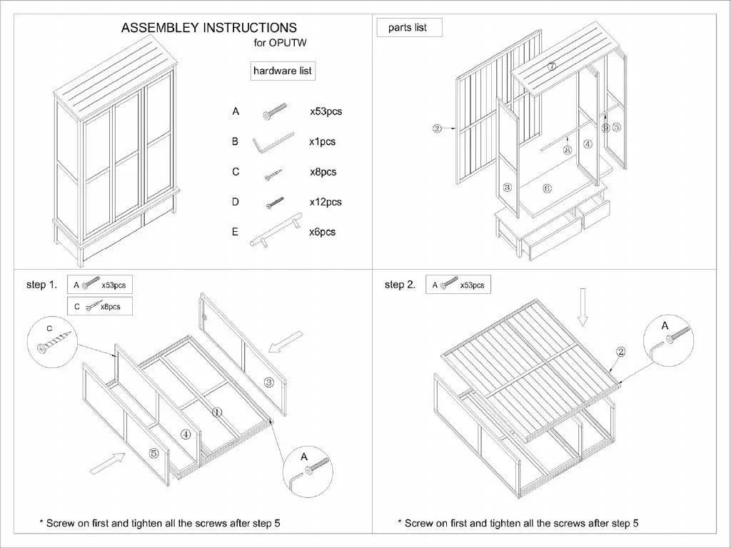 Wardrobe assembly instructions showing panel layout, labeled hardware, and step-by-step building guide