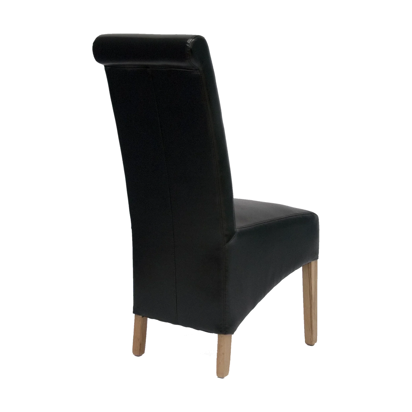 Black leather dining chair with light wood legs shown from rear angle