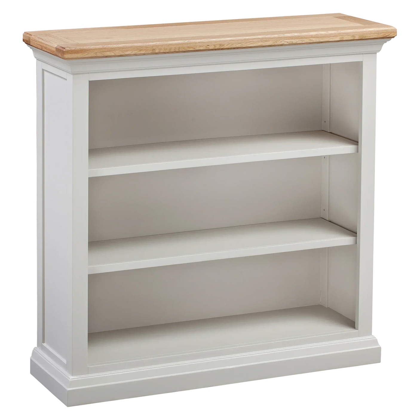 White painted bookcase with natural wood top and two open shelves