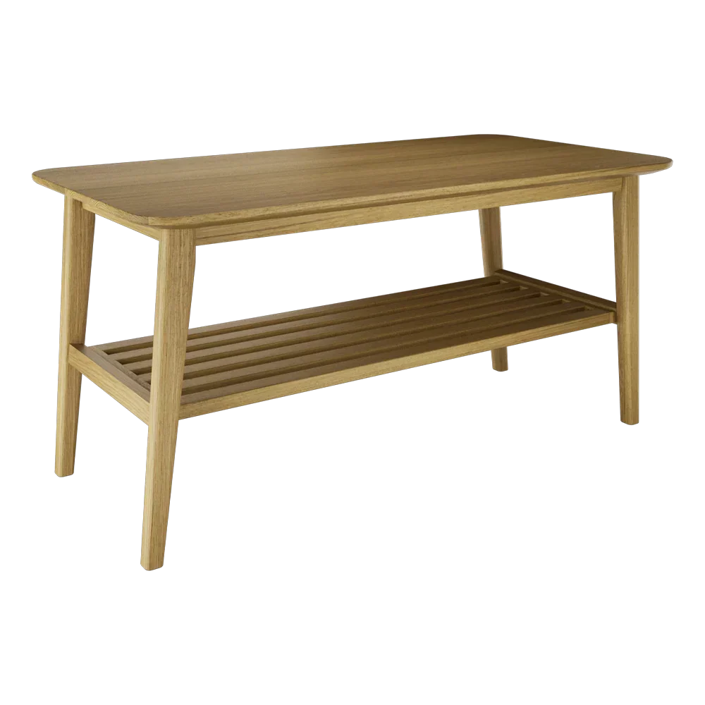 Oak coffee table with slatted lower shelf and angled legs, side view