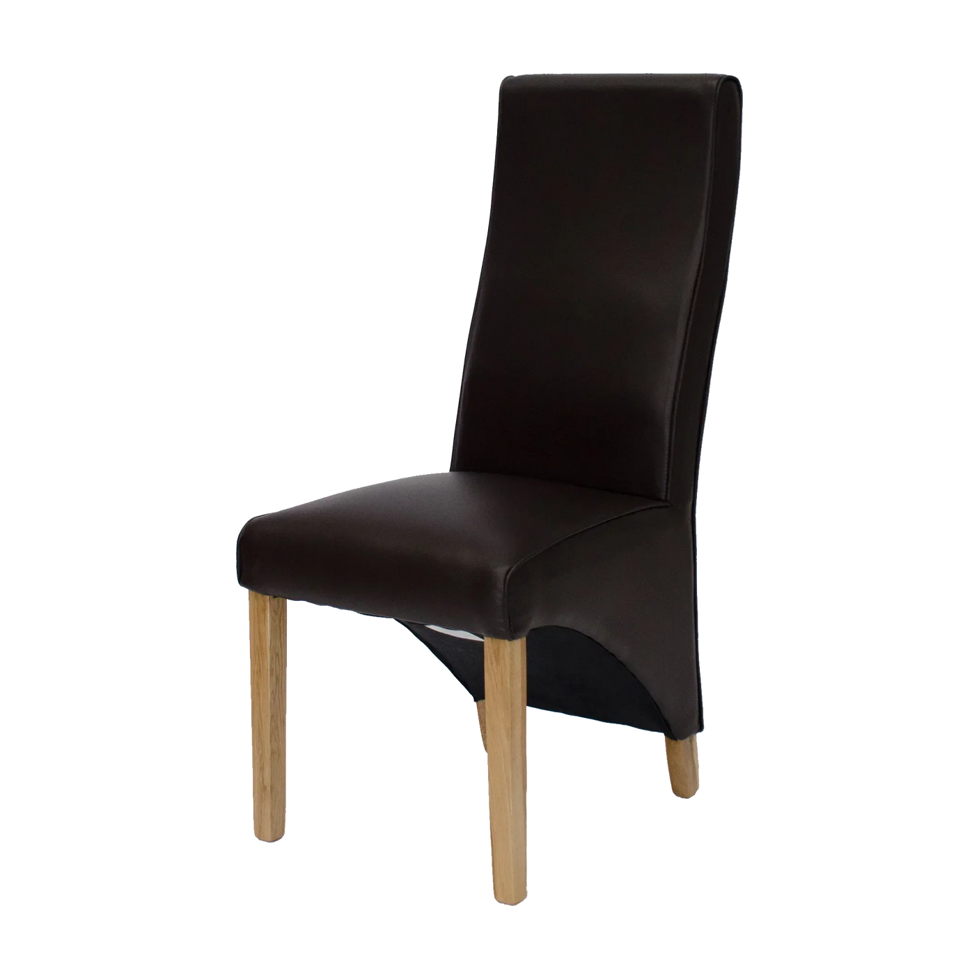 Brown leather dining chair with wooden legs and high backrest, side angle view