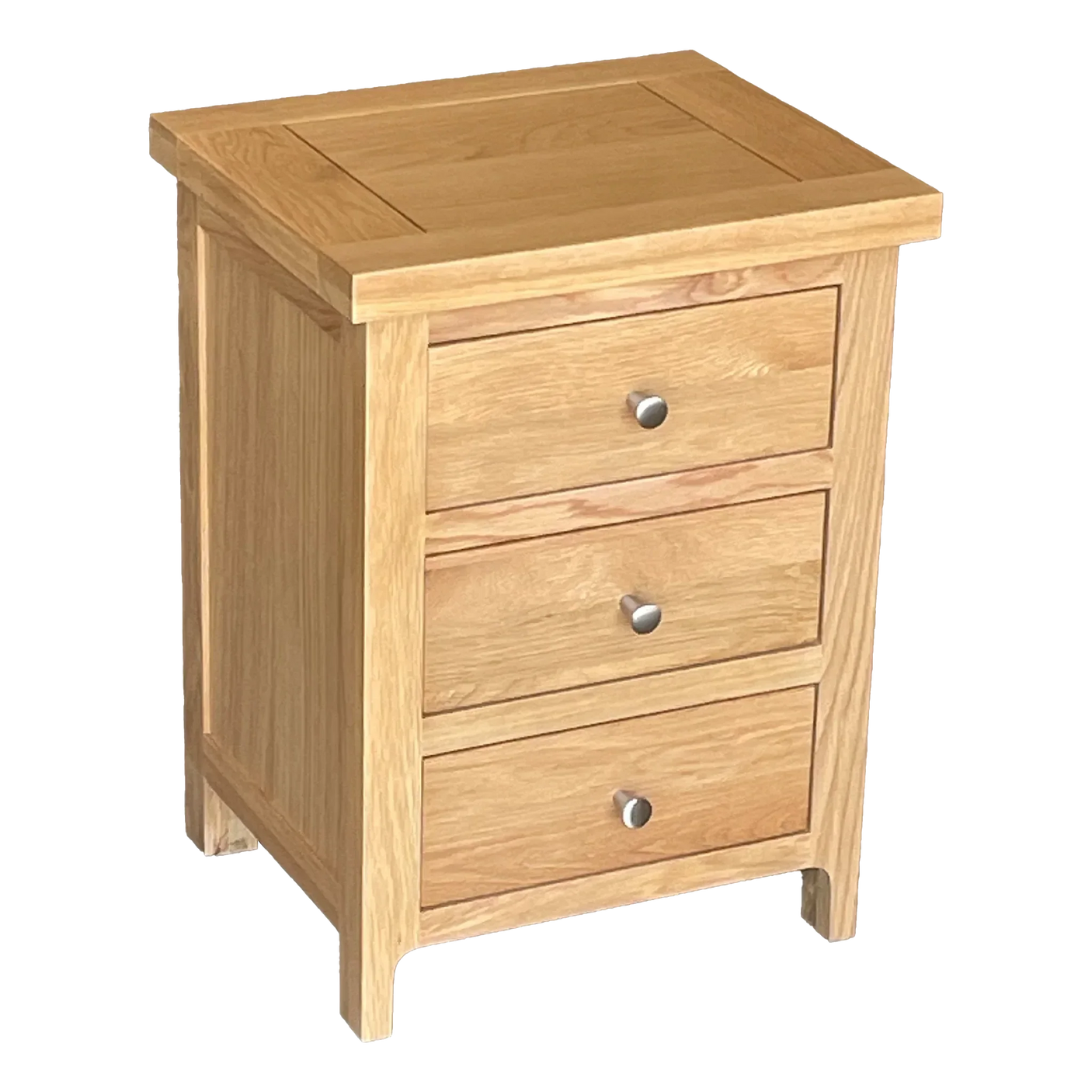 Oak bedside cabinet with three drawers and metal handles, angled front view