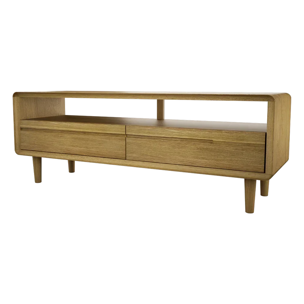 Oak TV unit with open shelf and two drawers, modern wooden living room furniture