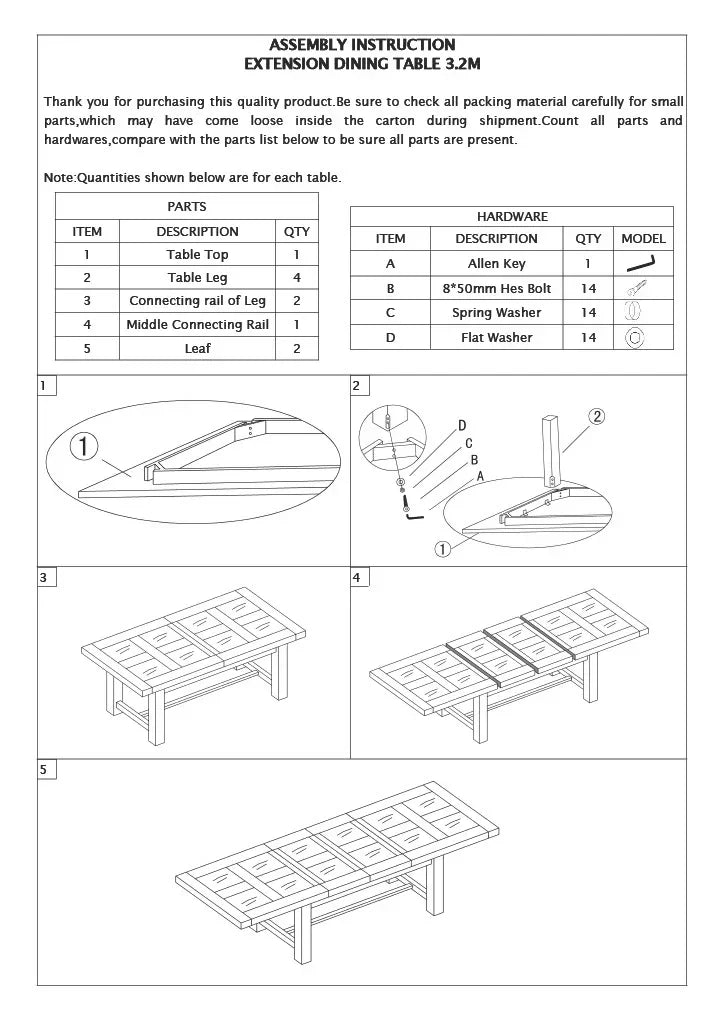 Extension dining table assembly instructions with hardware list and step-by-step diagrams