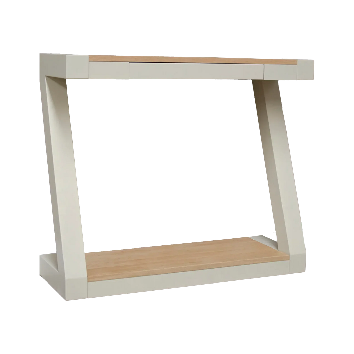 Modern console table with cream frame and light wood top and base shelf