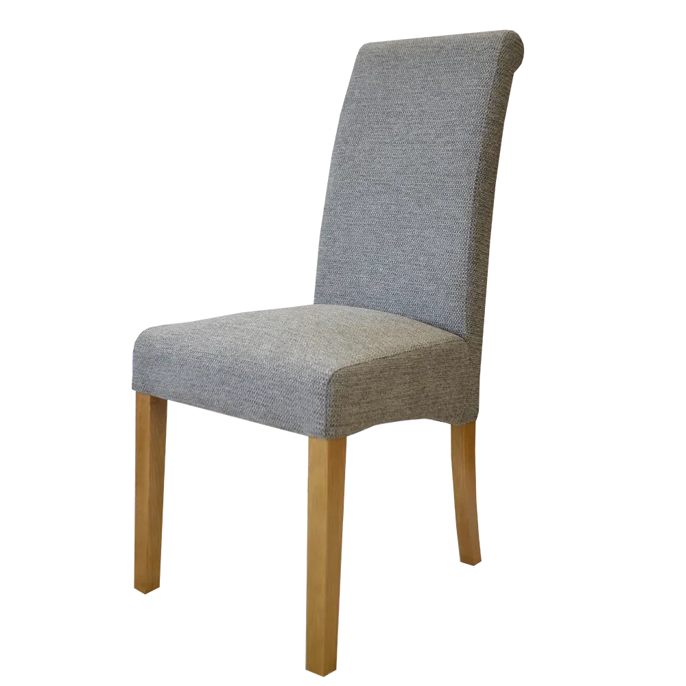 Grey fabric dining chair with wooden legs, side angle view