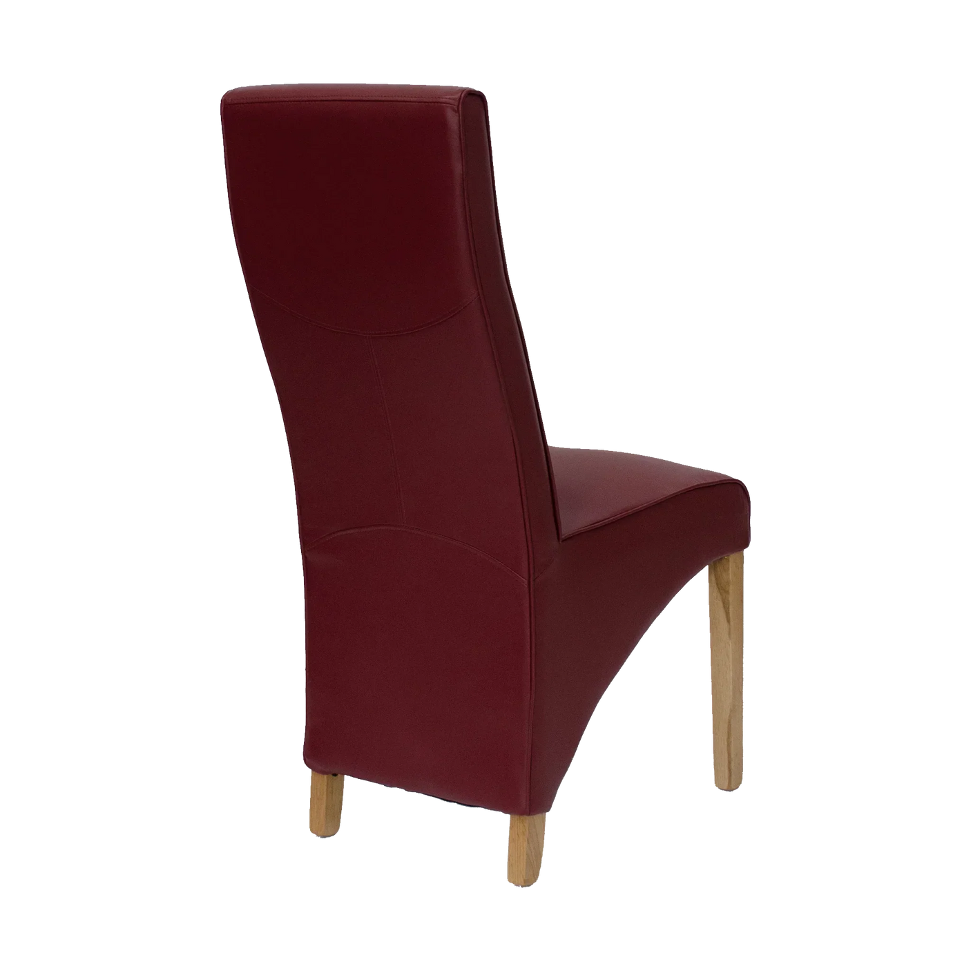 Red leather dining chair with high back and light wooden legs, rear side view