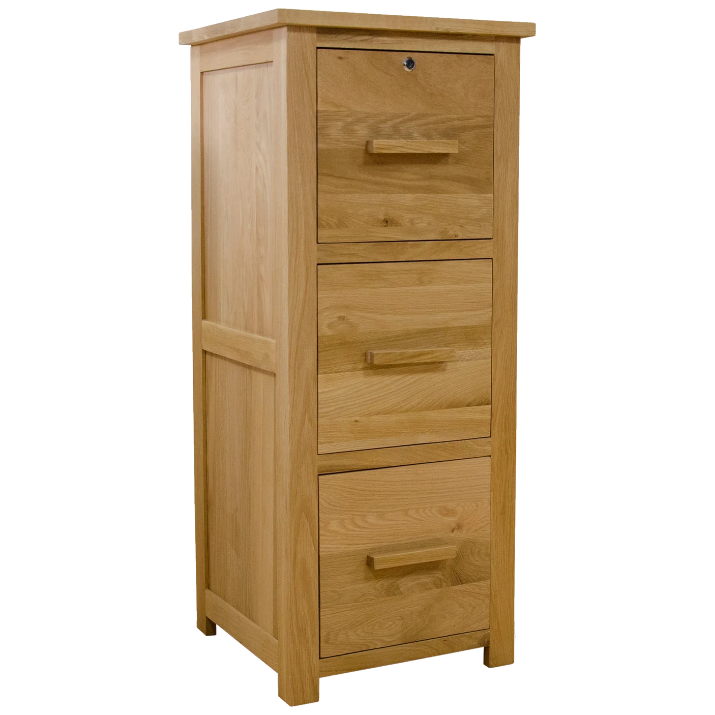 Tall oak filing cabinet with three drawers and lockable top compartment
