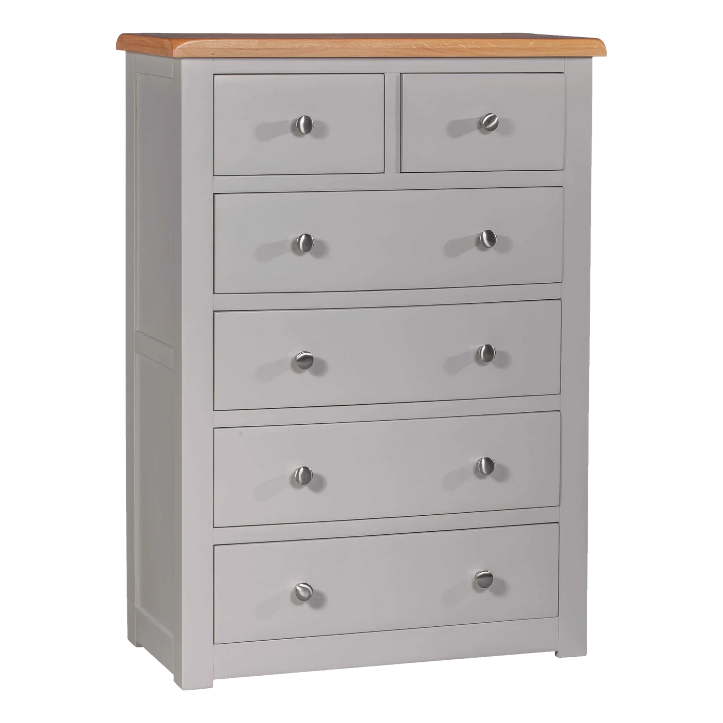 Grey chest of drawers with six drawers and oak wood top, modern bedroom furniture