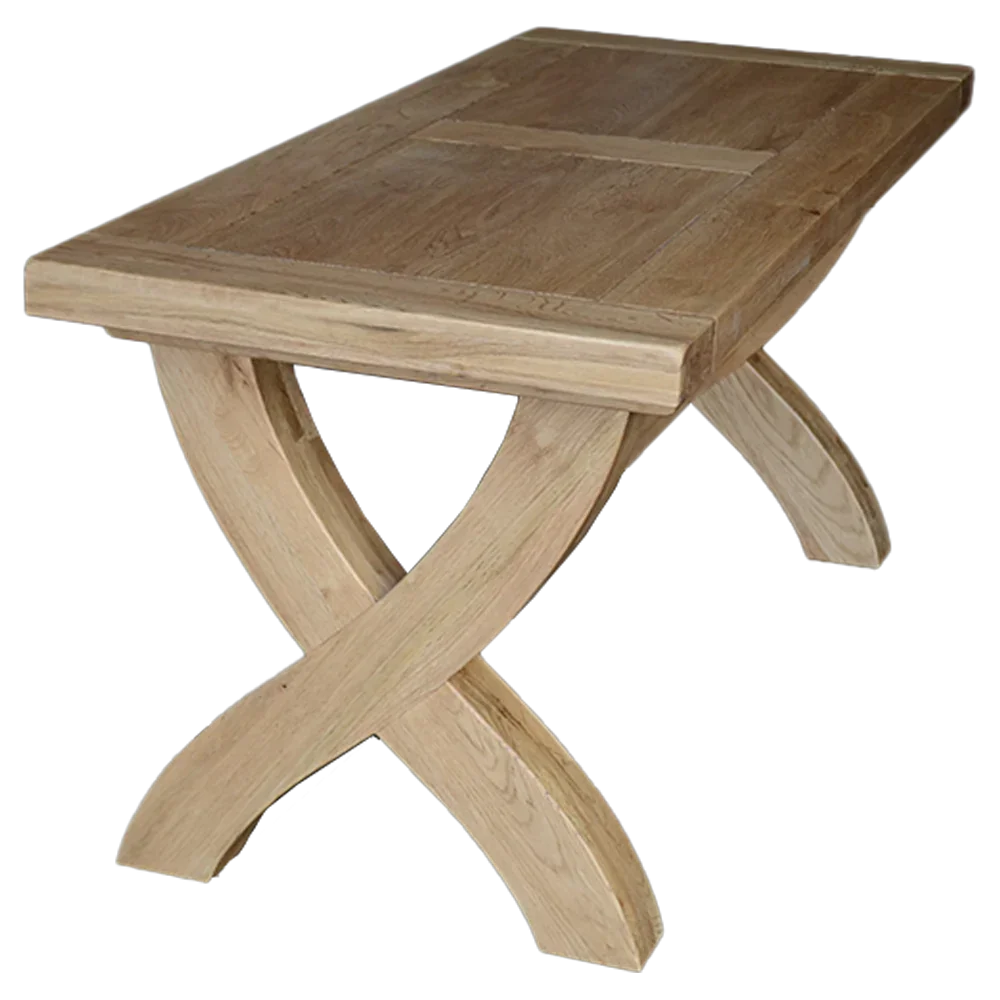 Rectangular oak dining table with crossed wooden legs and natural finish
