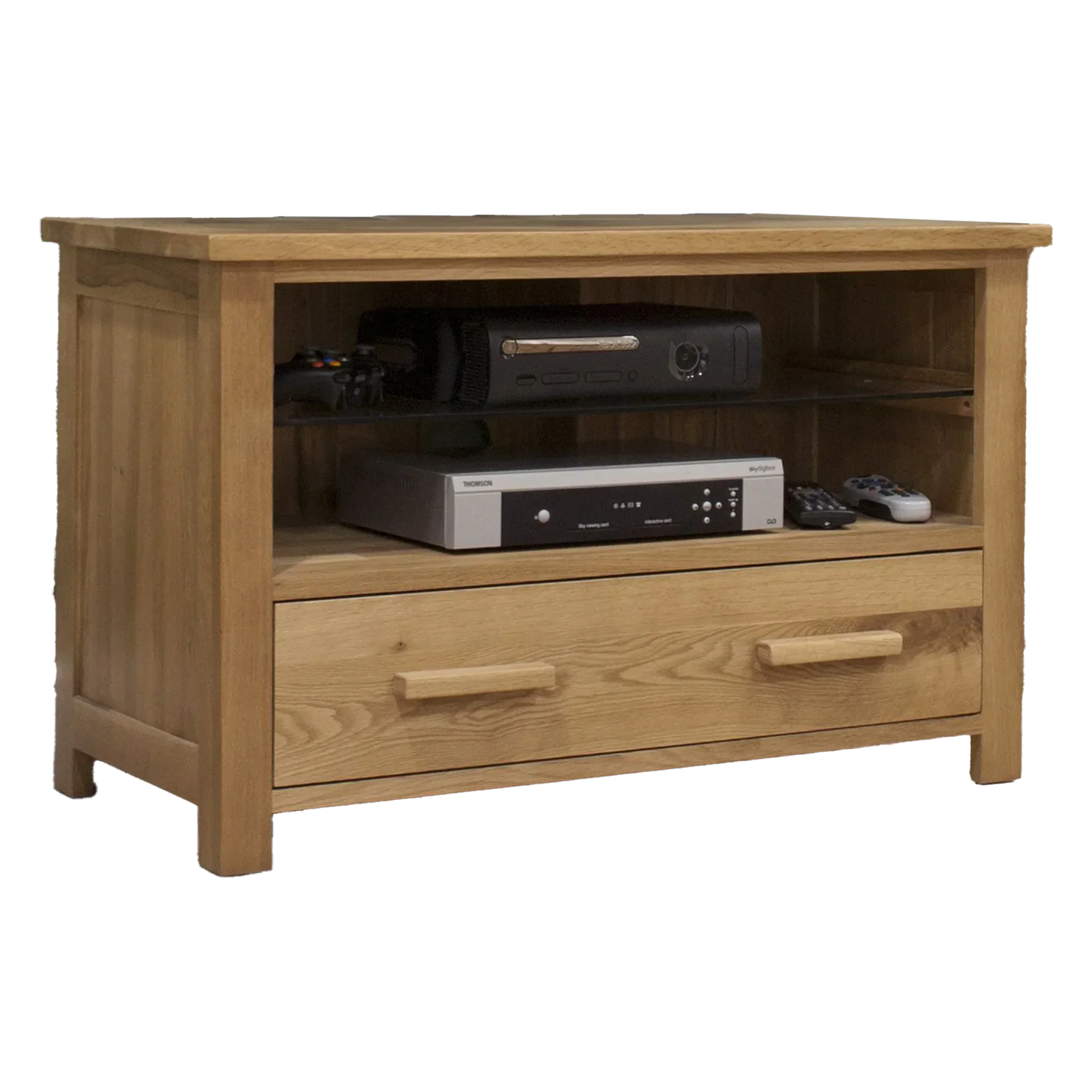 Oak TV unit with one deep drawer, open shelves for media devices and remote controls
