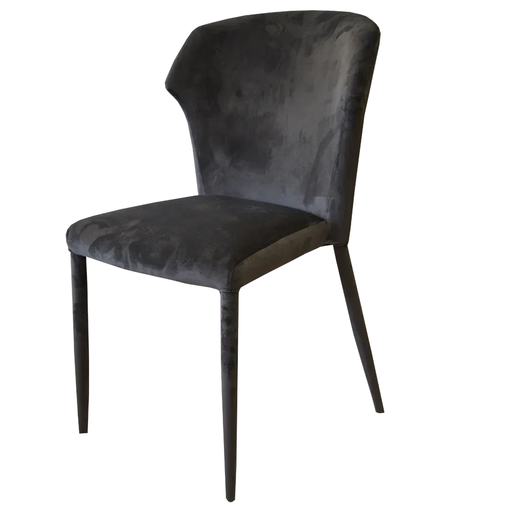 Black velvet dining chair with curved backrest and metal legs side view