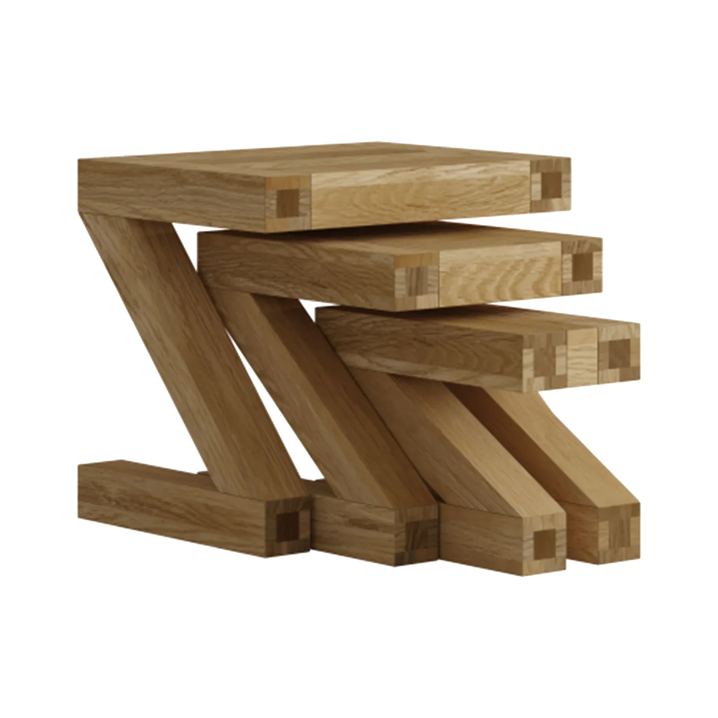 Stacked oak wood nesting tables with modern angular legs and natural finish