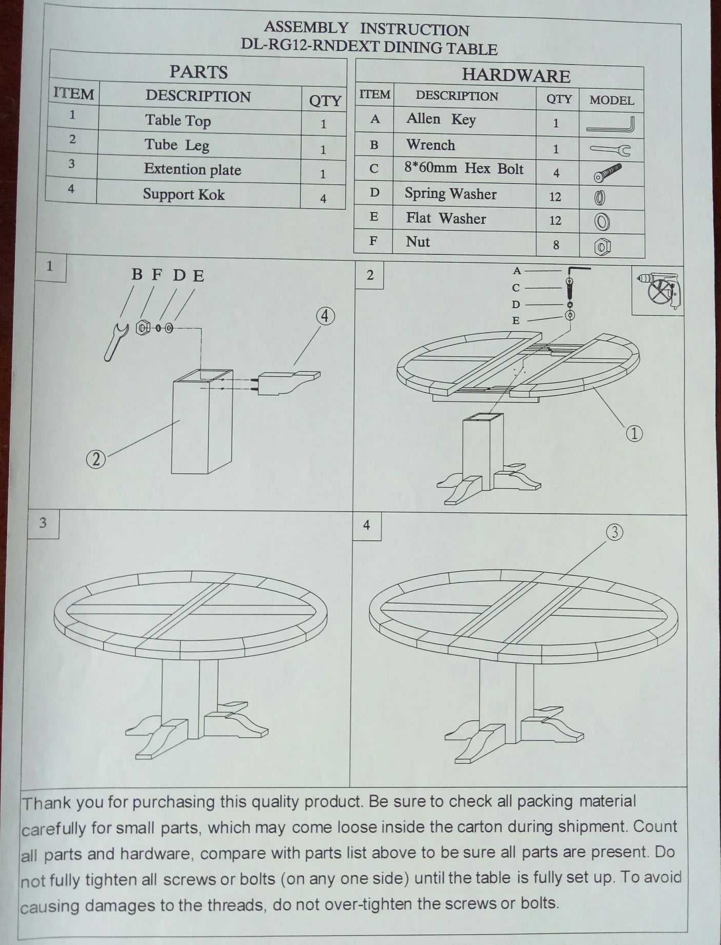 DL-RG12 round extendable dining table assembly instruction sheet with hardware list