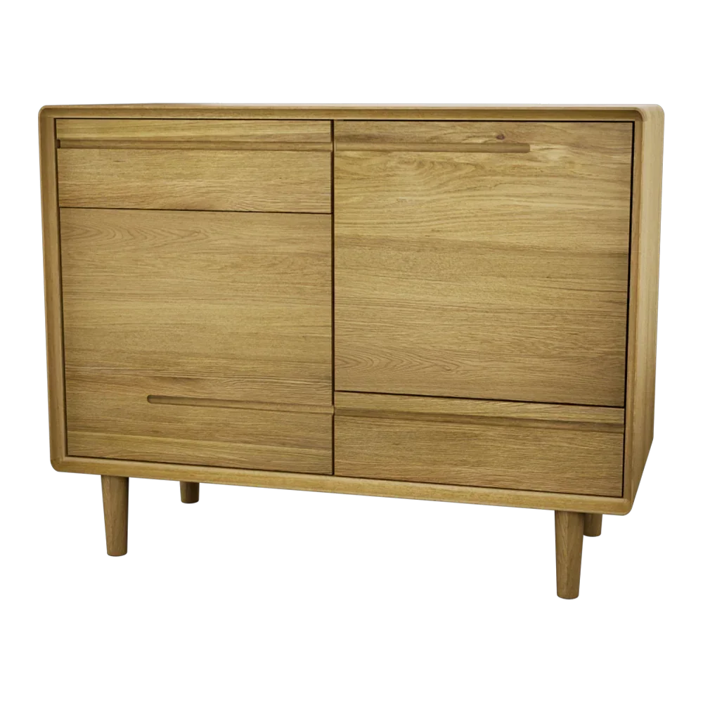 Oak sideboard with two doors and three drawers, natural wood finish, front view